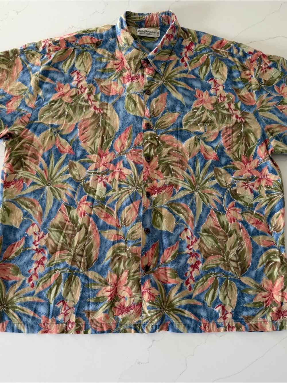 Norm Thompson Blue Floral Short Sleeve Button-Down Shirt